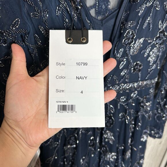 Mac Duggal Dress Size 4 Midi Beaded Style 10799 Illusion A Line Navy NWT - Picture 12 of 14